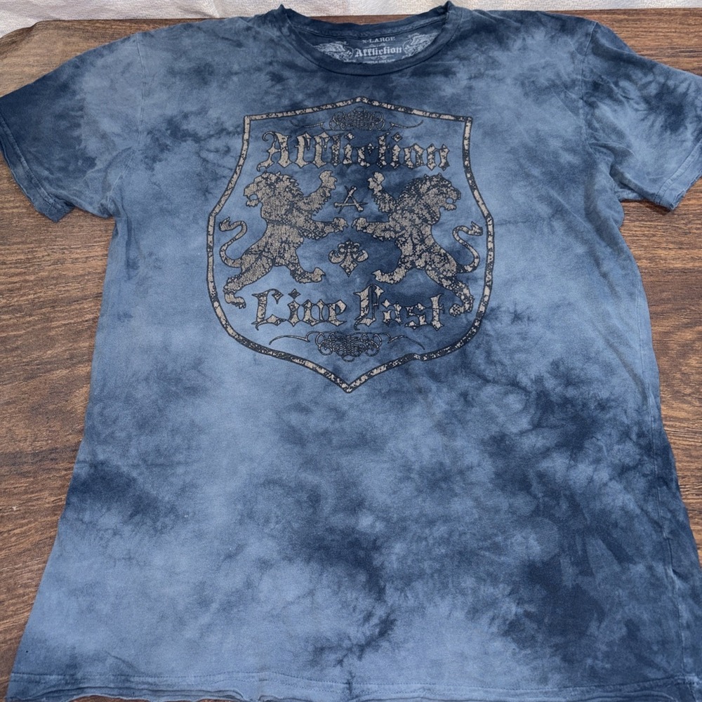 Affliction Men's XL Short Sleeve T Shirt Live Fast USA Made Blue Distressed Hems